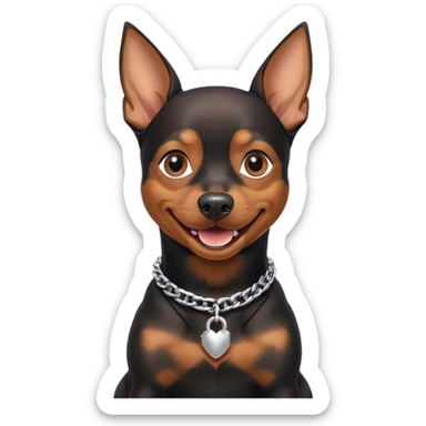 a pinscher dog black and brown sitting and smiling with a silver chain in the neck sticker