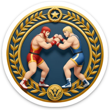 An icon symbolizing wrestling combat sports in the style of an emblem. The design features two wrestlers locked in a powerful grapple, one attempting to take the other down. Surrounding the scene are stylized elements like a championship belt, wrestling mat, and a laurel wreath. sticker