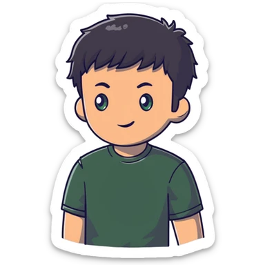 man with dark messy short hair, dark green eyes, wearing a gray t-shirt sticker