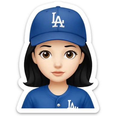 Can you make an emoji of a girl with fair skin with black hair wearing an LA dodger hat sticker