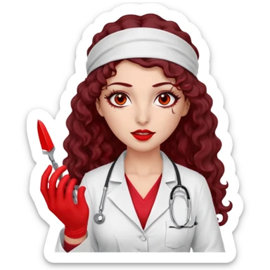 Lilith scalpel in hand, evil surgeon outfit.  She has red eyes. She has dark brown curly hair. Hair is long . Wears sexy doctor outfit with red gloves. Covers nose, neck and mouth with Muslims  sticker
