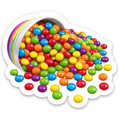 Skittles candy package spilling colorful round candies, rainbow colors sticker