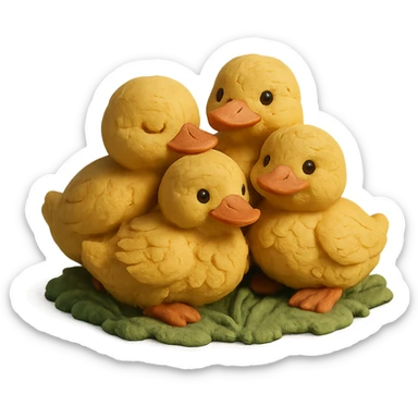 ducklings huddled together on grass, cozy and cheerful, detailed feathers, claymation style sticker