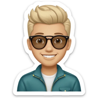 14 year old Mexican with a pompadour with the left side of his hair a little bit on the face grinning with sunglasses sticker