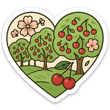 heart with a cherry orchard theme, clean digital illustration sticker