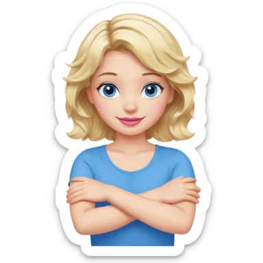 Girl Blonde short wavy hair,  blue eyes, cute blue top, long lashes, pink lips, smiling, making cross arms X with arms  sticker
