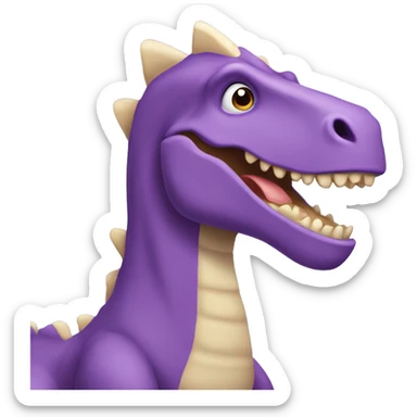 A tall purple dinosaur with blonde hair and with the writing “Mirasaur” sticker