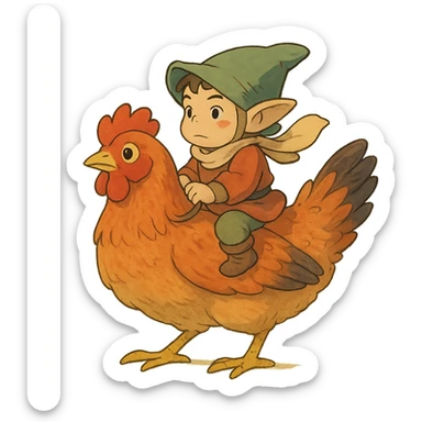 ghibli style chicken jockey small character riding a chicken sticker
