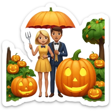 Make a guy hugging a giant pumpkin with a fork in his right hand while there's fire while there's a lady watching while it's raining while there's an umbrella on the ground that's alive and the sun has a bow tie on his neck sticker