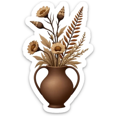 Dried flowers and pods in a brown vase sticker