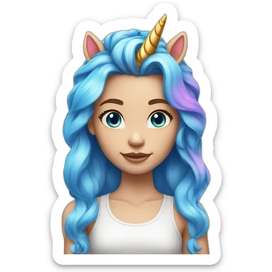 Girl with one unicorn horn on the forehead, and rainbow hair, light white skin tone andblue eyes sticker
