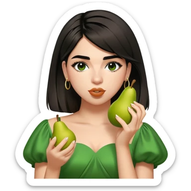 Dua Lipa in the same green dress eating a pear sticker