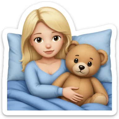 Blond Woman in bed with a big  bear sticker