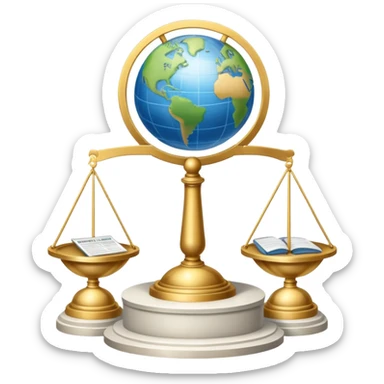 An icon featuring a podium with microphones, scales of justice, and a government building, symbolizing political science. The design includes a globe and voting ballot to represent global politics and civic participation. Transparent background highlights governance, policy, and political analysis. sticker