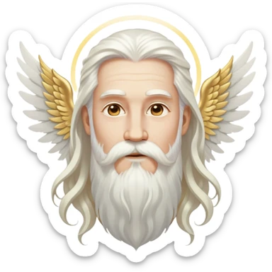 God-like figure with majestic white wings, long flowing white hair, beard and mustache, wearing gold dangle earrings, glowing aura sticker