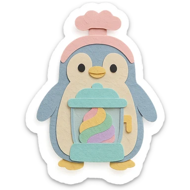 cute penguin-shaped ice cream maker, fluffy, making pastel rainbow ice cream, pastel colors, full-body sticker