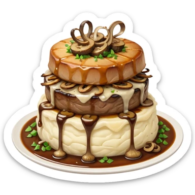 Filet mignon, on a bed of mashed potatoes and gravy , smothered in grilled stringy onions and grilled mushrooms, topped with crispy onions  sticker