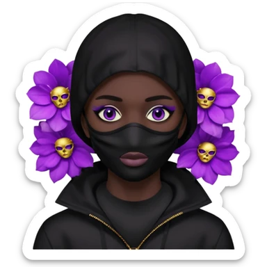 no visible face non human cartoon character related to a shadow, with all black clothes, focusing a black hoodie, and a black versace face mask covering his entire face, just his purple shadow eyes making a light bloom sticker