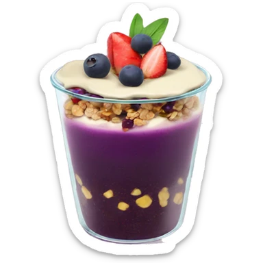 Açaí in a clear cup with layers of fruits and granola and condensed milk sticker