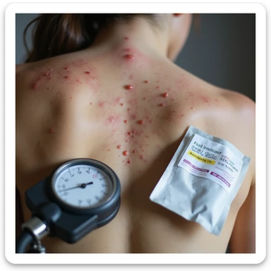 realistic close-up detail of acne on back, reddened skin, medicine package for blood pressure next to a pressure monitor, visible side effects sticker