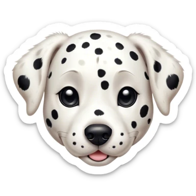 Cinematic Cute Spotted Dalmatian Portrait Emoji, Head tilted playfully and inquisitively, featuring a glossy Fur of predominantly white with dynamic black patches, round, sparkling eyes filled with gentle curiosity, Simplified yet irresistibly adorable features, highly detailed, glowing with a warm, friendly glow, high shine, affectionate and gentle, stylized with a touch of whimsy, bright and endearing, soft glowing outline, capturing the essence of a mischievous yet loving pup, so playful it feels like it could lumber out of the screen and into your arms! sticker
