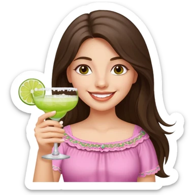 happy long haired brunette girl hazel eyes in light pink holding a margarita   sticker