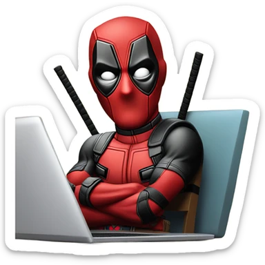 Cute Deadpool sitting at a desk, front view laptop sticker