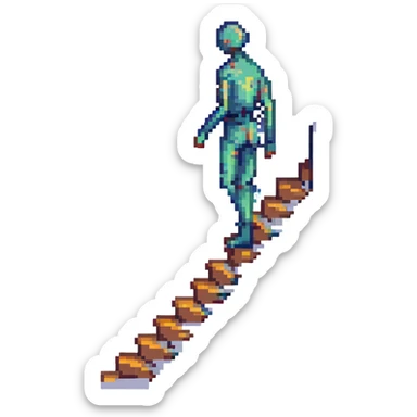 pixel art of a person whose body transforms into a staircase, with steps forming part of their limbs sticker