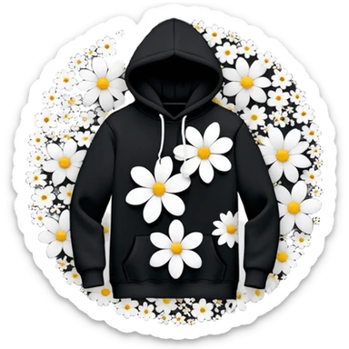 "Design a black hoodie adorned with scattered, medium-sized black and white flowers. Each flower should consist of a bold, thick white ring forming the petals, with a completely hollow center, creating an open, circular look. The flowers should have an irregular, asymmetrical shape and be evenly distributed across the hoodie, including the sleeves and hood. Keep the design minimalistic—no detailed petals, shading, or filled centers, just simple, bold, hollow ring-like floral patterns." sticker