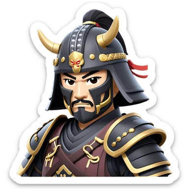 clash-of-clans-aesthetic_-cinematic-fearsome-and-majestic-samurai-bust-portrait-emoji, rendered in a flat, vector-style with minimal shading and bold, simplified shapes typical of emoji art, depicting a battle-hardened samurai with black mask and traditional black Japanese armor. The samurai is riding a noble grey warhorse adorned with an intricately designed saddle and fluttering banners and a rising sun. a samurai on a   horse sticker