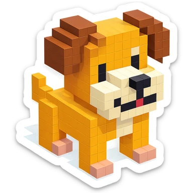 <SystemPrompt>
                <Style>
                  <Name>Voxel Emoji Art</Name>
                  <Description>A playful, isometric voxel style that mimics pixel art in 3D, commonly used for emojis, UI icons, and symbols. Rendered with bright, vibrant colors and no shadows.</Description>
                  <VisualRules>
                    <Geometry>
                      <BaseUnit>Cube</BaseUnit>
                      <GridAlignment>Isometric</GridAlignment>
                      <VoxelSize>Consistent</VoxelSize>
                    </Geometry>
                    <Color>
                      <Palette>Vivid and High Saturation</Palette>
                      <Gradient>Allowed on faces for subtle lighting</Gradient>
                    </Color>
                    <Lighting>
                      <Style>Soft studio lighting</Style>
                      <Shadows>Subtle ambient shadows</Shadows>
                    </Lighting>
                    <Detailing>
                      <Outline>None</Outline>
                      <Texture>Flat color (no texture noise)</Texture>
                      <Effects>None</Effects>
                    </Detailing>
                  </VisualRules>
                </Style>
                <Generation>
                  <PromptTemplate>
                    <![CDATA[
                      Render a voxel-style 3D illustration of a {subject}, using bright colors and blocky pixelated geometry. The object should appear playful and clean, similar to emoji aesthetics, with no shadows and no outlines. Lighting should enhance the 3D depth without harsh contrast.
                    ]]>
                  </PromptTemplate>
                </Generation>
              </SystemPrompt>
              {subject} = dog sticker