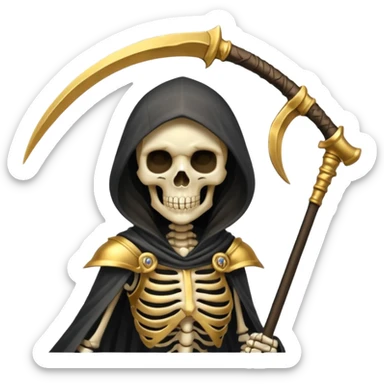 feminine skeleton grim reaper in a gold with scythe sticker