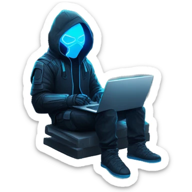 Hacker behind his laptop with this style : crysis Cyberpunk Valorant neon glowing bright blue character blue black hooded assassin themed character sticker