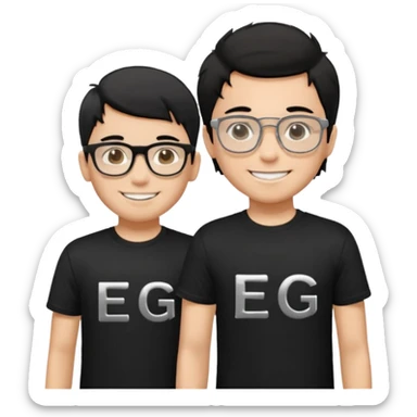 2 boys both wearing black t-shirts with the letters EDG, one wearing silver rectangular glasses, black hair, smiling; the other with black hair smiled brightly sticker