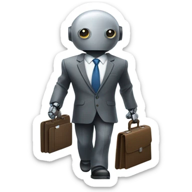 Robot with a business suit and briefcase walking into work with message “living the dream” sticker