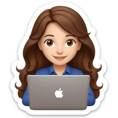 Sitting in front of a laptop in the style of a cute female developer. No glasses, long hair waves and smiling. sticker