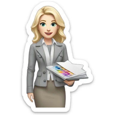 pale skin woman interior designer with cold blonde middle length hair, blue eyes, White blouse, Gray oversize jacket, Gray skirt holding a color palette in the hands sticker