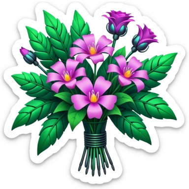 Rare 8k.quailty oversized beautiful, colorful, glowing detailed cyberpunk style bouquet of flowers. Must have lush green leaves. Clean thin lines, smooth appearance, no emoji icons, no background, isolated, rendering. sticker