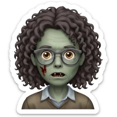 make a zombie with grey skin and long dark brown curly hair and glasses sticker
