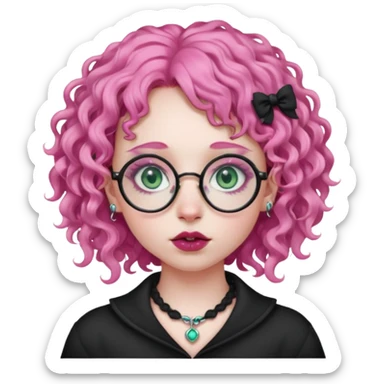 . Gothic girl with pink curly hair, round glasses, septum piercing, nostril piercing, almond eyes, blueish green eyes, sticker