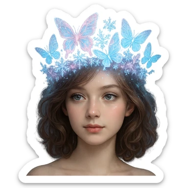 Change the butterfly crown to icy pink with blue and white butterflies, snowflake details, and a frosty glow. Keep the background transparent. sticker