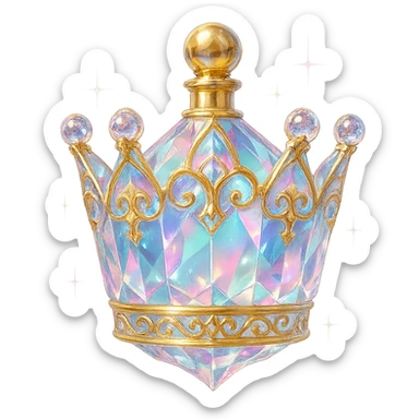 crystal luxurious elixir bottle shaped like a crown, pastel gradient, lots of shine, facets, ornaments, golden details, magical effects, very small golden neck, transparent background, beautiful connected base, clearly floating in the air, no base or shadow, very luxurious, interesting design, fits a collection sticker