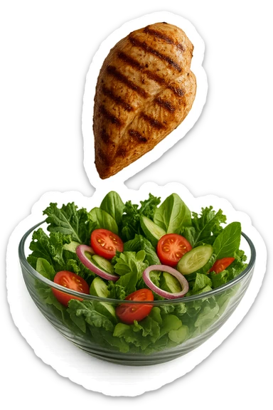 INSALATA CON PETTO DI POLLO GRIGLIATO CHE CADE DALL'ALTO, IPERREALISTICO 4K sticker