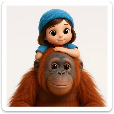 {
  "rendering": "3D rendered digital illustration",
  "materials": "high-detail textures with realistic material rendering",
  "lighting": "studio lighting with soft diffused shadows",
  "shading": "soft ambient occlusion, subsurface scattering on skin",
  "forms": "rounded smooth forms",
  "background": "clean white background",
  "eyes": "glossy reflective eyes",
  "colors": "vibrant saturated colors",
  "surface_detail": "detailed surface textures including fur strands and fabric weave",
  "animal_proportions": "naturalistic proportions for animals and objects",
  "human_proportions": "cute stylized proportions with large expressive eyes for human characters only",
  "subject": "orangoutang"
} sticker