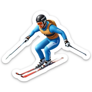 An icon featuring snowy peaks, pine trees, and a picturesque mountain landscape with a skier racing down a snow-covered slope. The sky is blue with soft clouds, capturing the thrill and beauty of alpine skiing. Transparent background highlights the excitement and serenity of winter sports. sticker