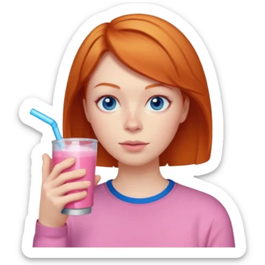 ginger woman short hair, pink shirt, sipping energy drink blue eyes cosy  sticker