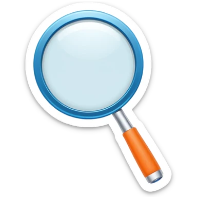 A stylized blue magnifying glass tilted right, flat design, minimalist, vibrant orange handle, white circular background, high resolution, 2048x2048 pixels, vector art, clean lines sticker