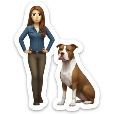 white woman with straight long brown hair standing alongside a white pitbull sticker