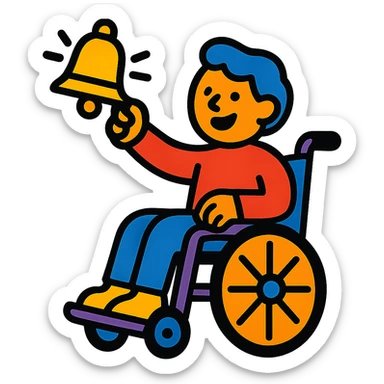 person in a wheelchair ringing a bell, vibrant cartoon style sticker