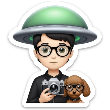 A little boy with straight black medium-length hair, white skin, and black eyes wearing black-framed glasses is taking photos on a UFO with a camera. Beside him, there is an alien and a brown round-headed poodle. sticker